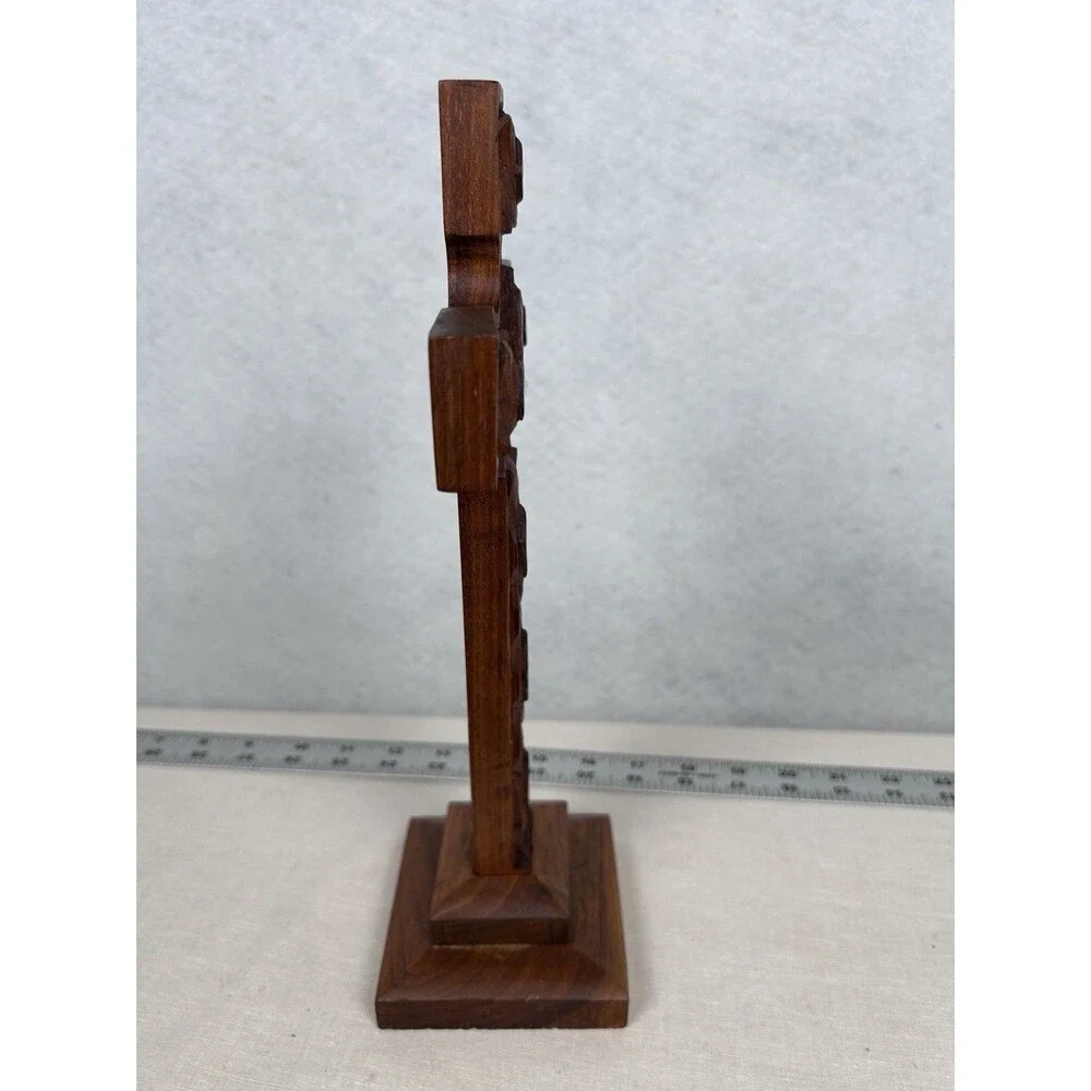 VTG Wood table top cross 75 hand-carved 12 in signed dated folk art chip-carving